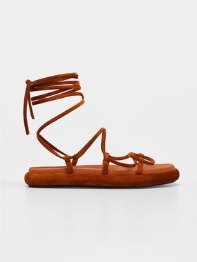 KHAITE Alba Lace-Up Suede Flat Sandal in Cognac